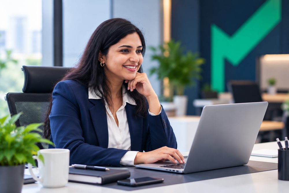 Founder managing her business registration and compliance online from her office